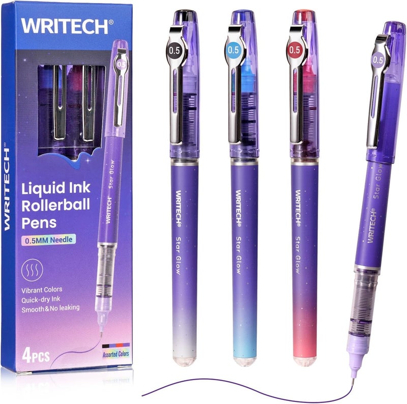 WRITECH Liquid Ink Rollerball Pens: 0.5mm Assorted Color Ink Fine Point Tip Rolling Roller Ball Pen Multicolor No Bleed & Smudge for Journaling Smooth Writing Drawing 4ct - Image 1